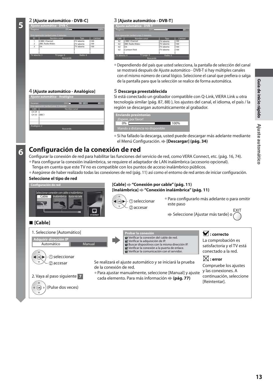 Configuración de la conexión de red, Ajuste automá tic o, Cable | Panasonic TXL19D35ES User Manual | Page 13 / 108