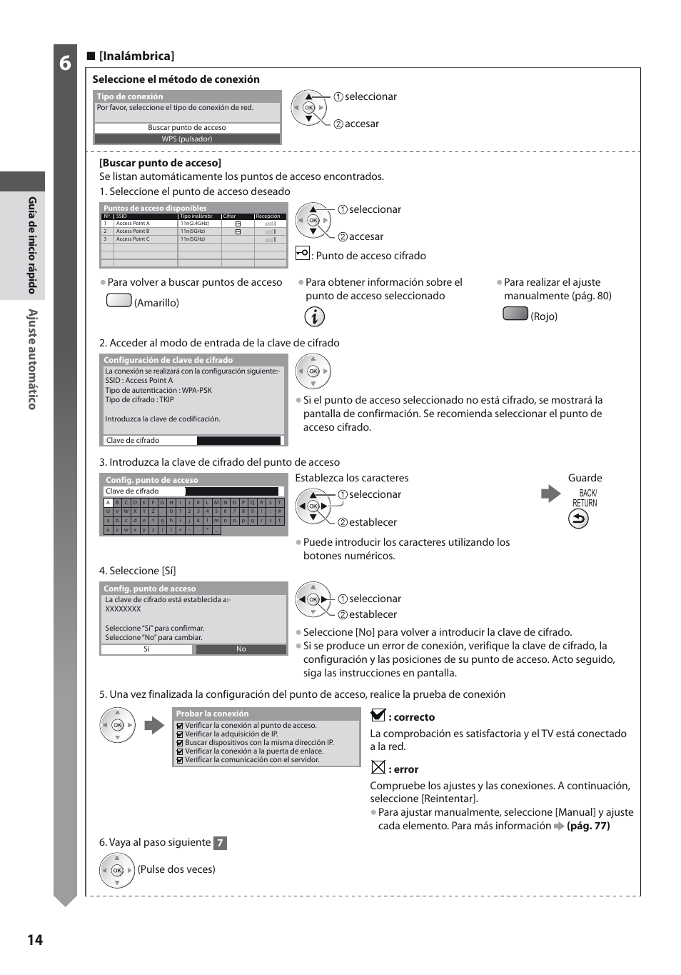 Ajuste automá tic o, Inalámbrica, Guía de inicio r ápido | Seleccione el método de conexión, Accesar seleccionar : punto de acceso cifrado, Para volver a buscar puntos de acceso (amarillo), Establezca los caracteres guarde, Seleccionar establecer, Establecer seleccionar | Panasonic TXL19D35ES User Manual | Page 14 / 108