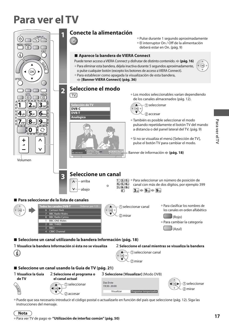 Para ver el tv, Conecte la alimentación, Seleccione el modo | Seleccione un canal | Panasonic TXL19D35ES User Manual | Page 17 / 108