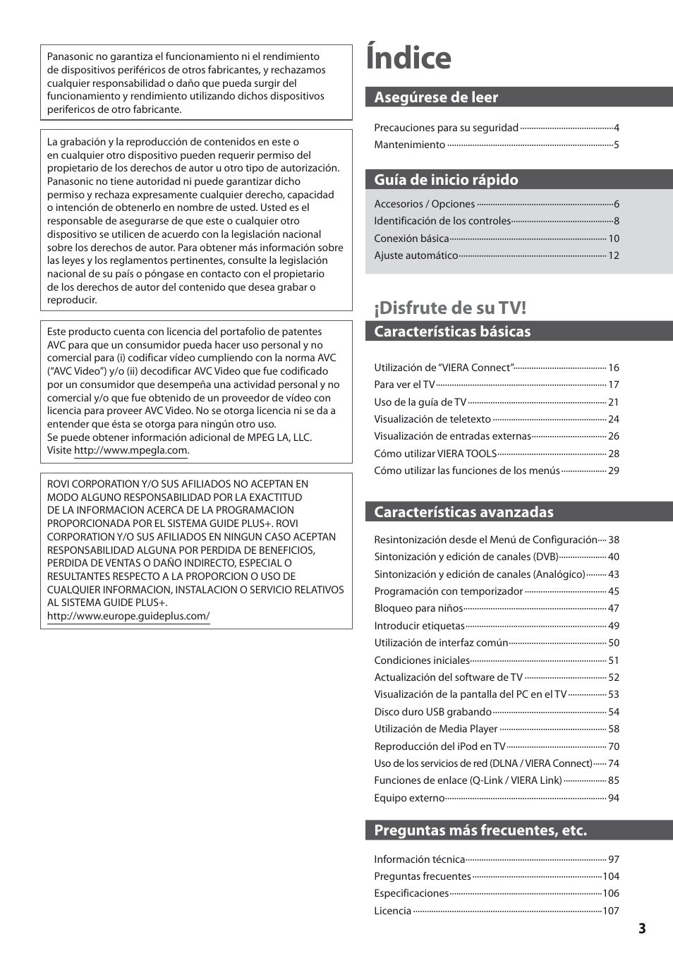 Índice, Disfrute de su tv, Asegúrese de leer | Guía de inicio rápido, Características básicas, Características avanzadas, Preguntas más frecuentes, etc | Panasonic TXL19D35ES User Manual | Page 3 / 108