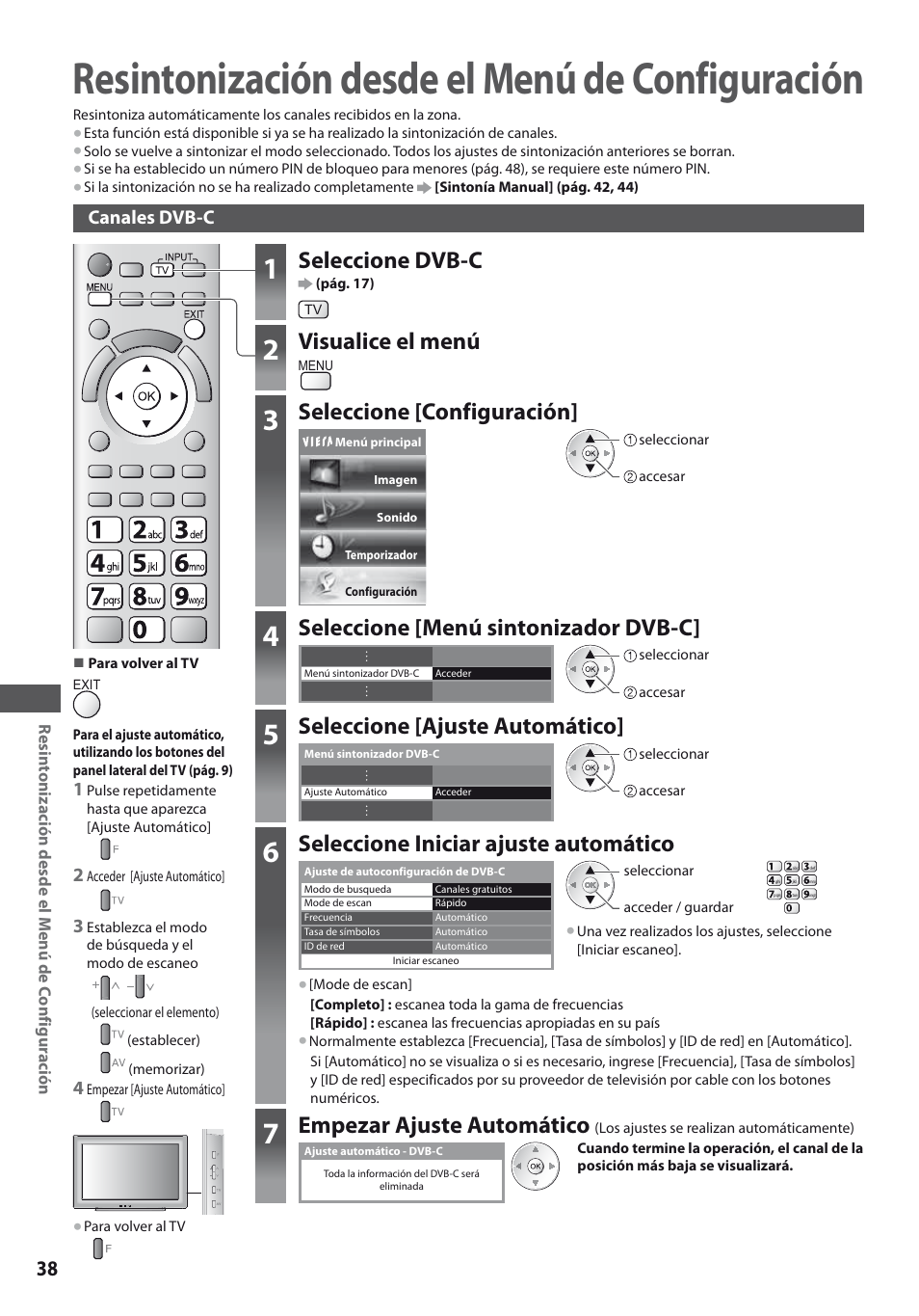 Resintonización desde el menú de configuración, Seleccione dvb-c, Visualice el menú | Seleccione [configuración, Seleccione [menú sintonizador dvb-c, Seleccione [ajuste automático, Seleccione iniciar ajuste automático, Empezar ajuste automático | Panasonic TXL19D35ES User Manual | Page 38 / 108