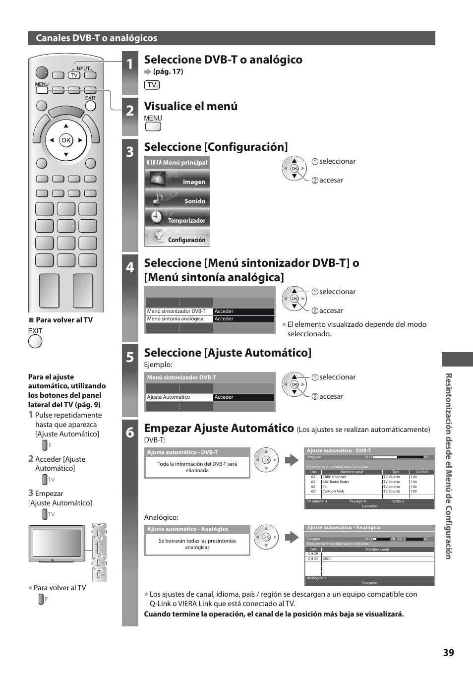 Seleccione dvb-t o analógico, Visualice el menú, Seleccione [configuración | Seleccione [ajuste automático, Empezar ajuste automático, Canales dvb-t o analógicos | Panasonic TXL19D35ES User Manual | Page 39 / 108