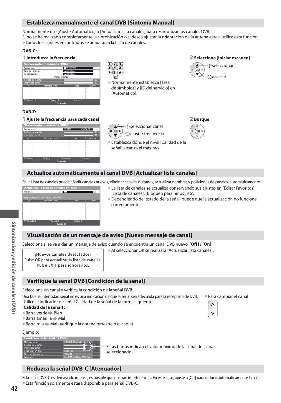 Verifique la señal dvb [condición de la señal, Reduzca la señal dvb-c [atenuador, Sin tonización y edición de canales (d vb) | Panasonic TXL19D35ES User Manual | Page 42 / 108