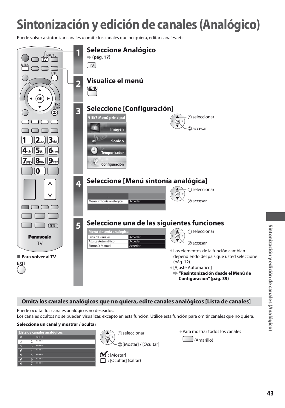 Sintonización y edición de canales (analógico), Seleccione analógico, Visualice el menú | Seleccione [configuración, Seleccione [menú sintonía analógica, Seleccione una de las siguientes funciones | Panasonic TXL19D35ES User Manual | Page 43 / 108