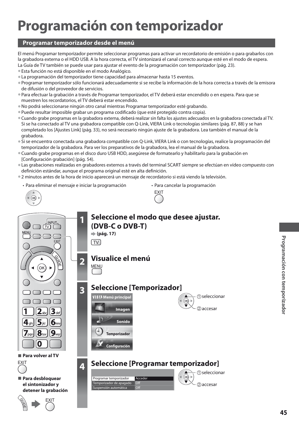 Programación con temporizador, Visualice el menú, Seleccione [temporizador | Seleccione [programar temporizador | Panasonic TXL19D35ES User Manual | Page 45 / 108