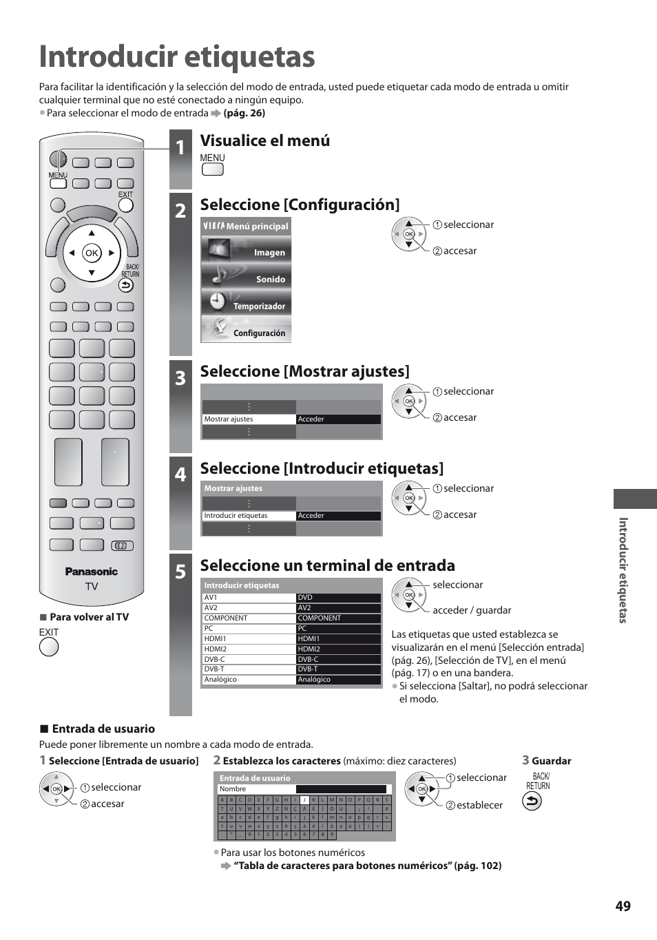 Introducir etiquetas, Visualice el menú, Seleccione [configuración | Seleccione [mostrar ajustes, Seleccione [introducir etiquetas, Seleccione un terminal de entrada, Entrada de usuario | Panasonic TXL19D35ES User Manual | Page 49 / 108