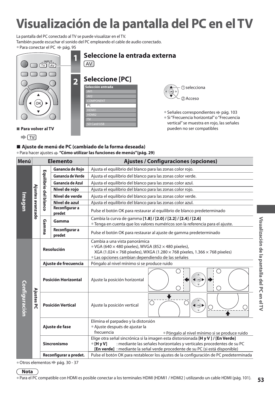 Visualización de la pantalla del pc en el tv, Seleccione la entrada externa, Seleccione [pc | Panasonic TXL19D35ES User Manual | Page 53 / 108