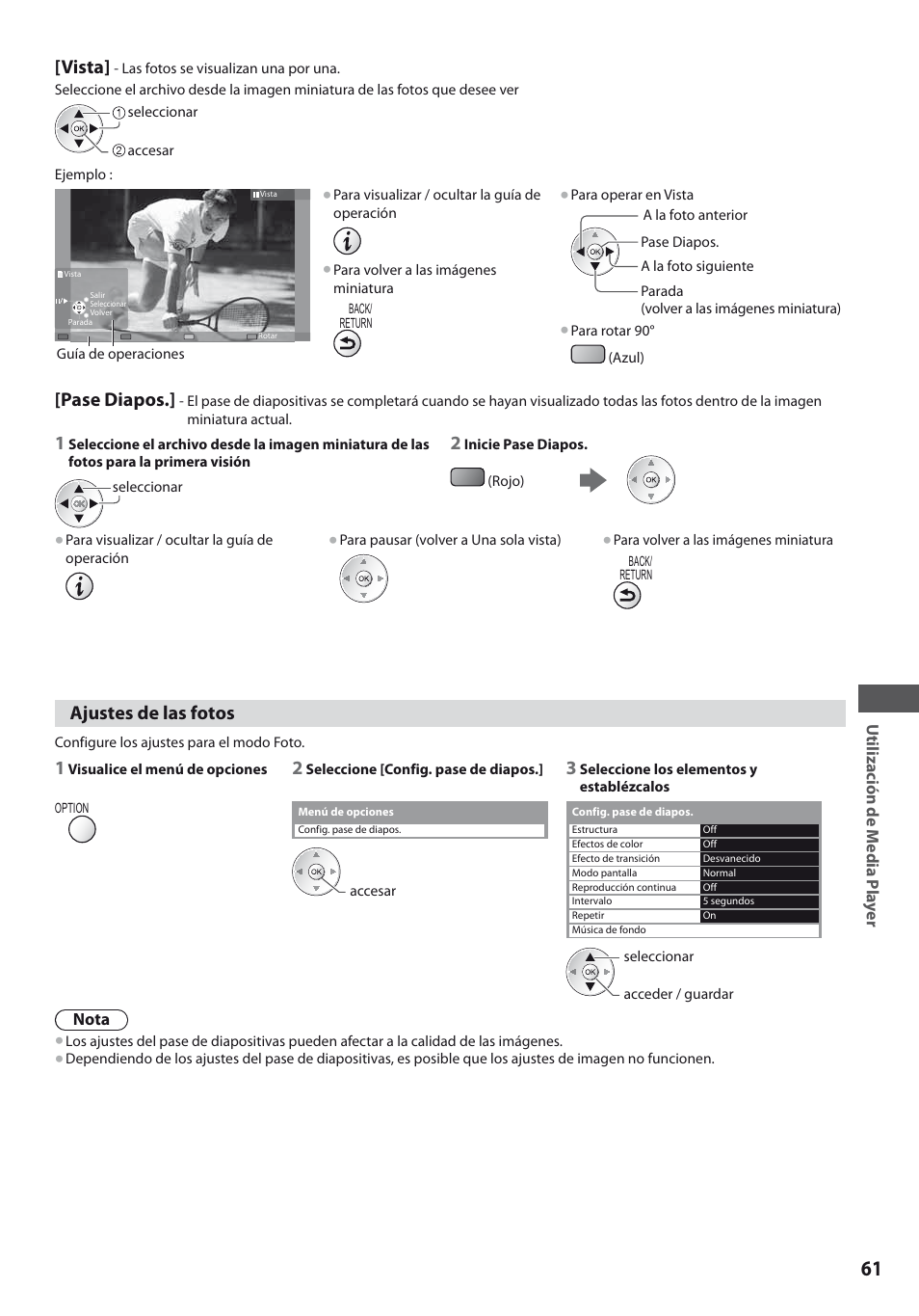 Vista, Pase diapos, Ajustes de las fotos | Panasonic TXL19D35ES User Manual | Page 61 / 108