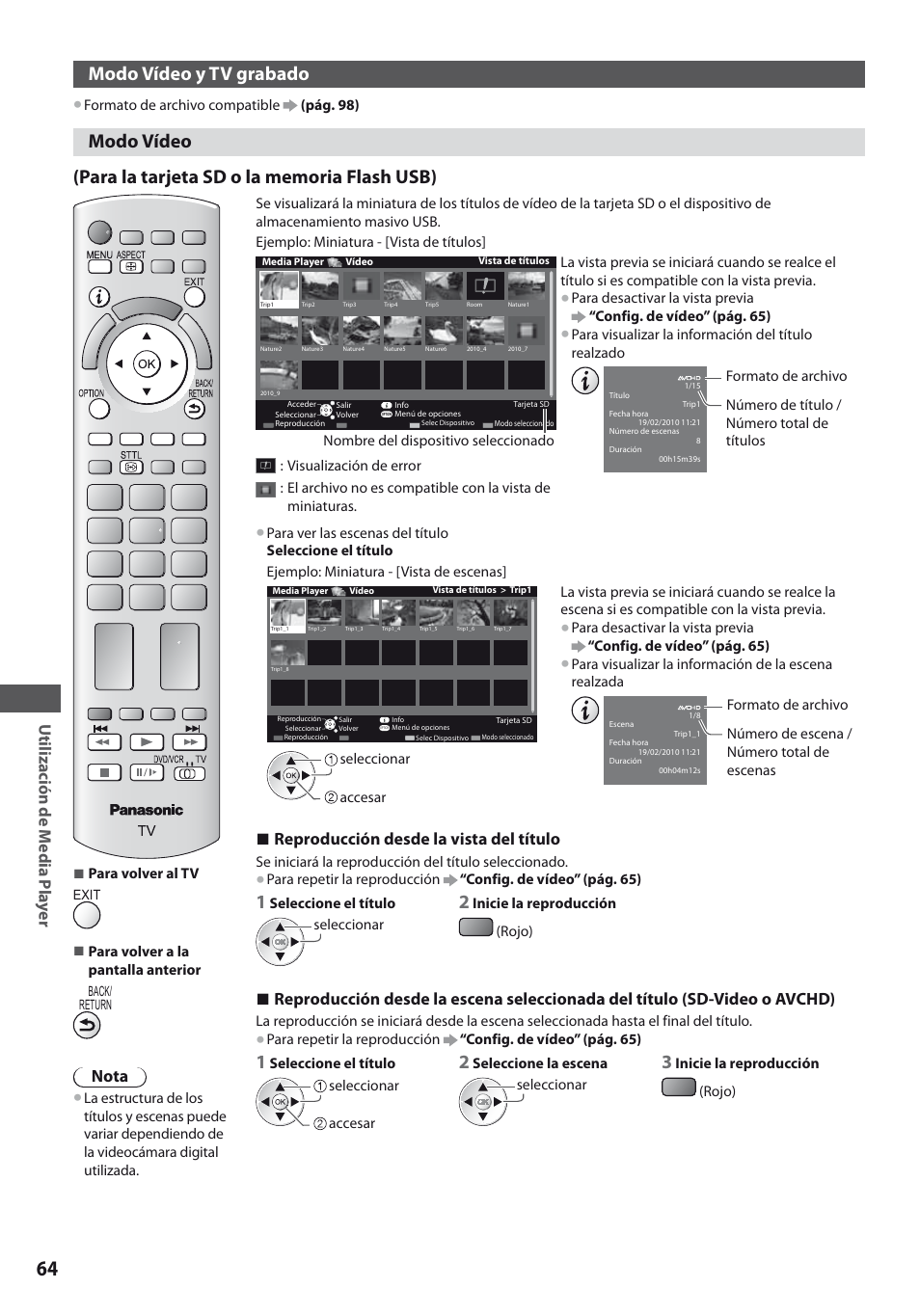 Modo vídeo y tv grabado, Utilización de media pla y e r, Reproducción desde la vista del título | Nota | Panasonic TXL19D35ES User Manual | Page 64 / 108