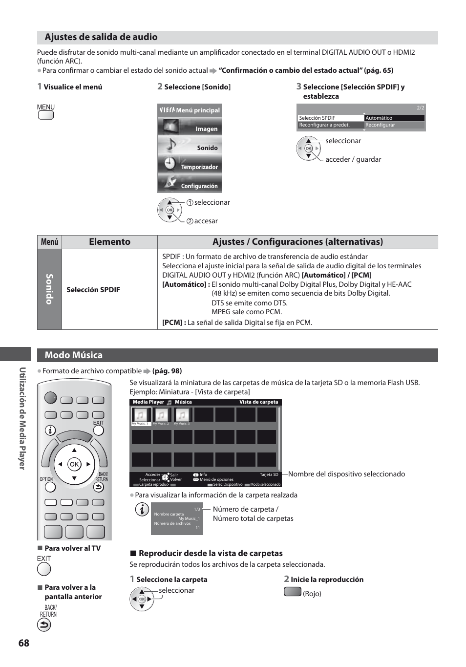 Ajustes de salida de audio, Modo música | Panasonic TXL19D35ES User Manual | Page 68 / 108