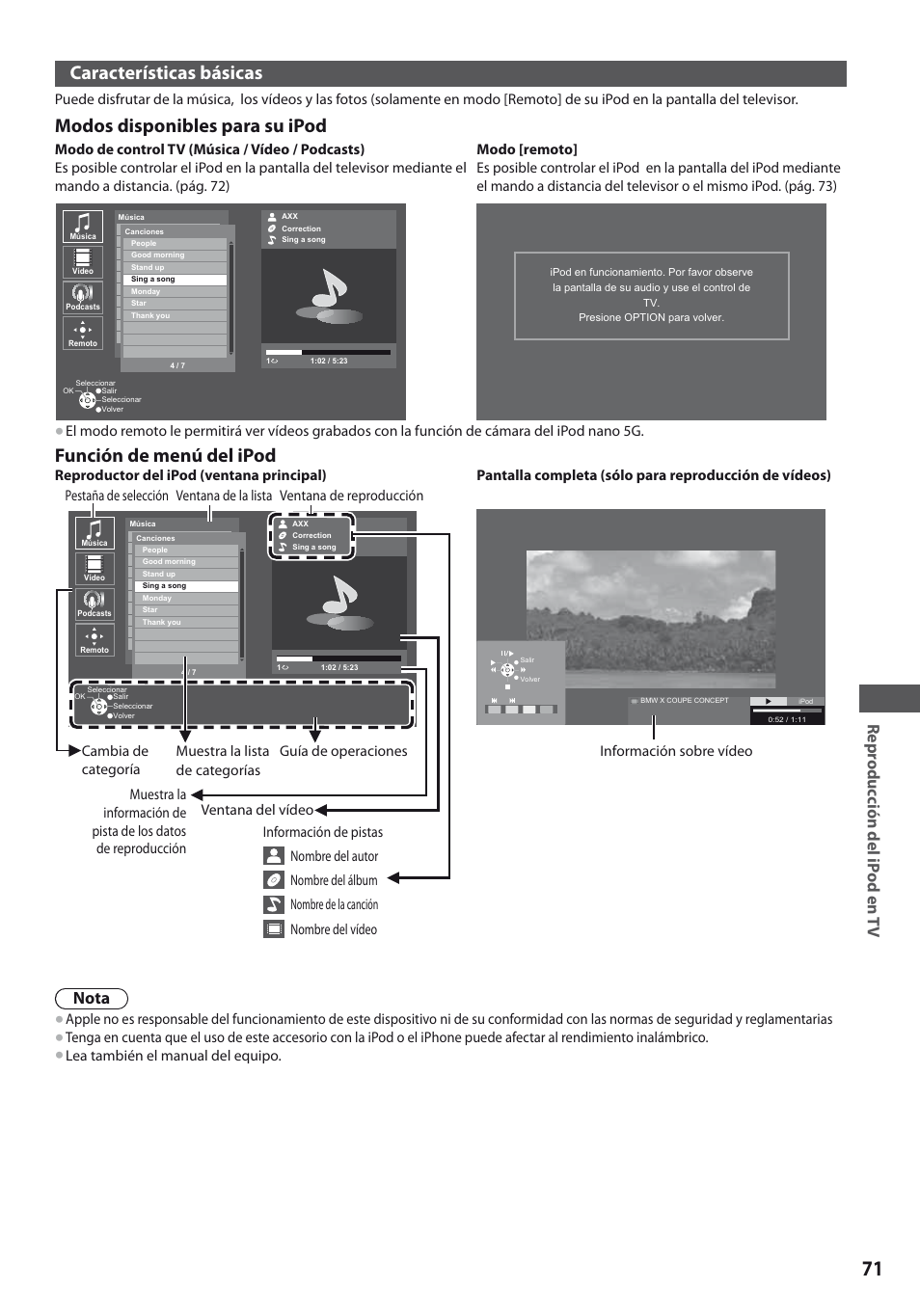 Características básicas, Modos disponibles para su ipod, Función de menú del ipod | Repr oduc ción del ip od en t v, Nota | Panasonic TXL19D35ES User Manual | Page 71 / 108