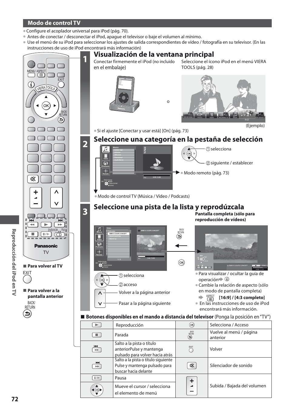 Visualización de la ventana principal, Seleccione una pista de la lista y reprodúzcala, Modo de control tv | Fofmfncbmbkf, Repr oduc ción del ip od en t v | Panasonic TXL19D35ES User Manual | Page 72 / 108