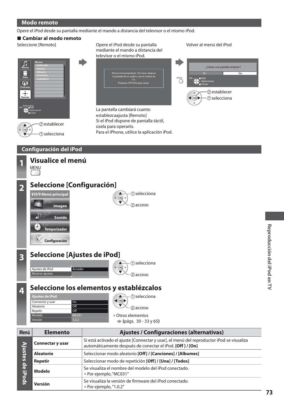 Visualice el menú, Seleccione [configuración, Seleccione [ajustes de ipod | Seleccione los elementos y establézcalos, Modo remoto, Configuración del ipod | Panasonic TXL19D35ES User Manual | Page 73 / 108