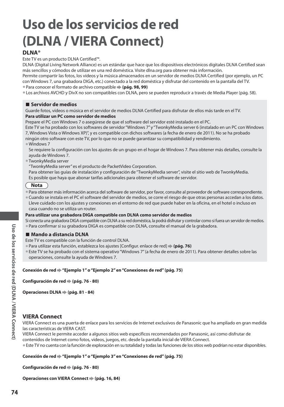 Uso de los servicios de red (dlna / viera connect) | Panasonic TXL19D35ES User Manual | Page 74 / 108