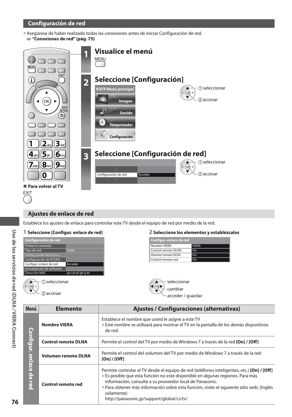 Visualice el menú, Seleccione [configuración, Seleccione [configuración de red | Panasonic TXL19D35ES User Manual | Page 76 / 108