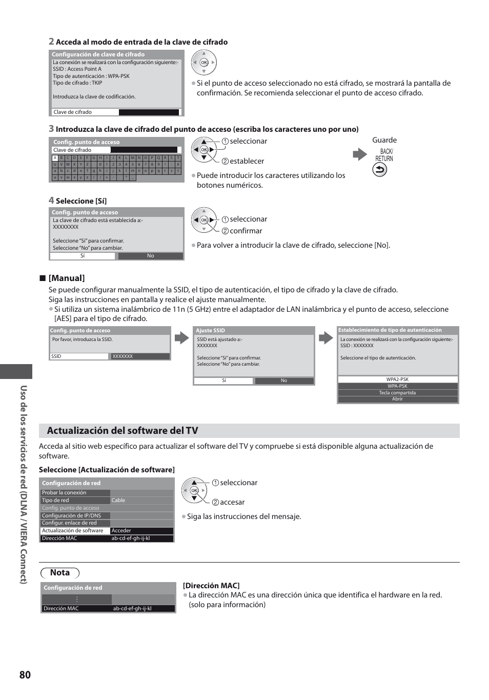 Actualización del software del tv, Manual, Nota | Acceda al modo de entrada de la clave de cifrado, Seleccionar establecer guarde, Seleccione [sí, Confirmar seleccionar, Accesar seleccionar, Siga las instrucciones del mensaje, Dirección mac | Panasonic TXL19D35ES User Manual | Page 80 / 108