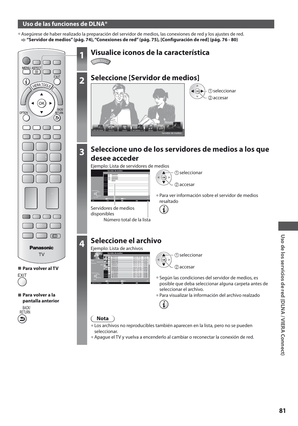 Visualice iconos de la característica, Seleccione [servidor de medios, Seleccione el archivo | Uso de las funciones de dlna, Nota | Panasonic TXL19D35ES User Manual | Page 81 / 108