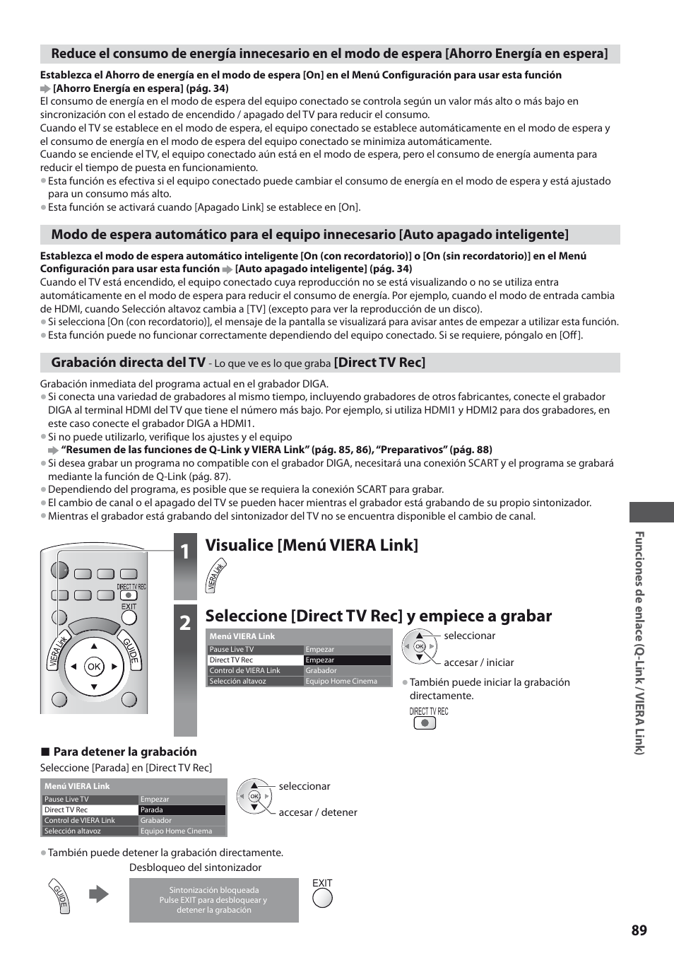 Visualice [menú viera link, Seleccione [direct tv rec] y empiece a grabar | Panasonic TXL19D35ES User Manual | Page 89 / 108