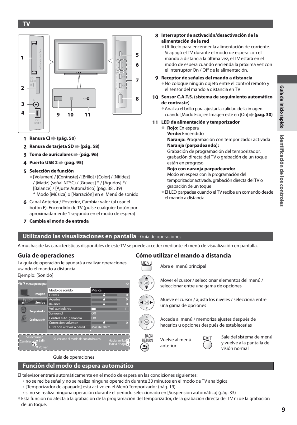Utilizando las visualizaciones en pantalla, Guía de operaciones, Cómo utilizar el mando a distancia | Función del modo de espera automático | Panasonic TXL19D35ES User Manual | Page 9 / 108
