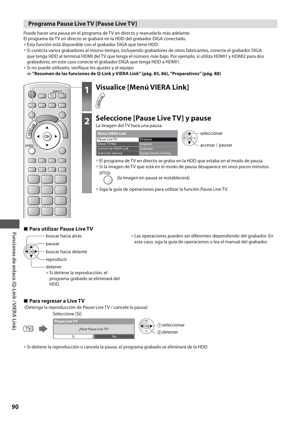 Visualice [menú viera link, Seleccione [pause live tv] y pause | Panasonic TXL19D35ES User Manual | Page 90 / 108