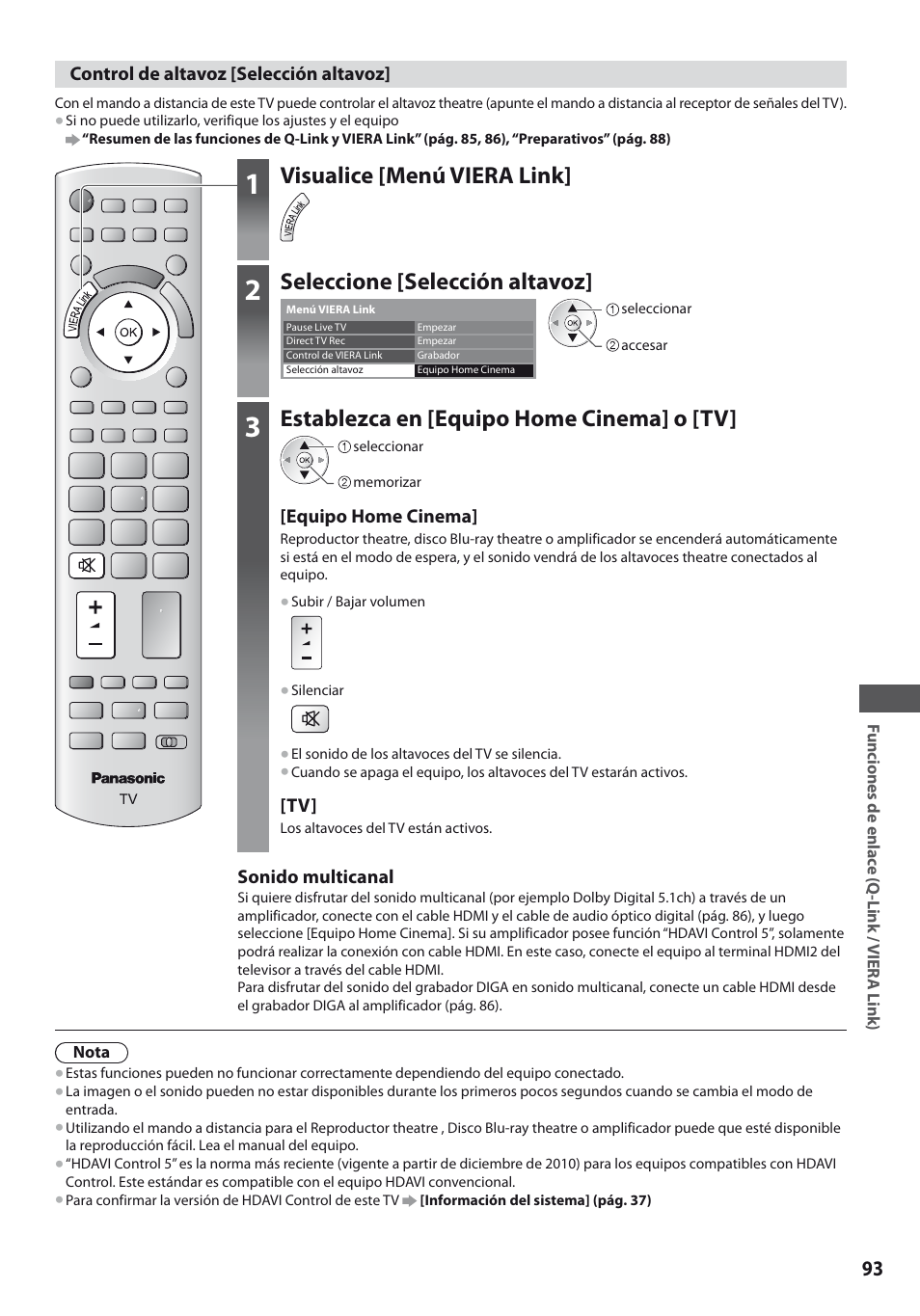 Visualice [menú viera link, Seleccione [selección altavoz, Establezca en [equipo home cinema] o [tv | Panasonic TXL19D35ES User Manual | Page 93 / 108