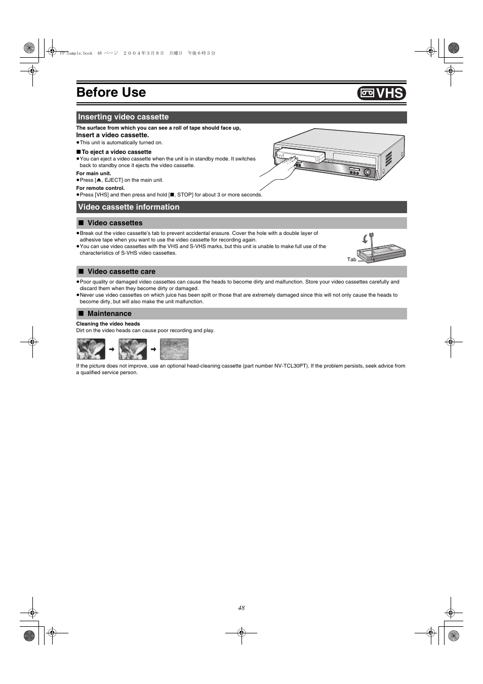 Vhs]]^^^^^^^^^^^^^^^^^^^^^^^^^^^^^^^^^^), Before use, Video cassettes ≥video cassette care | Maintenance, L 48 | Panasonic DMRE75V User Manual | Page 48 / 84