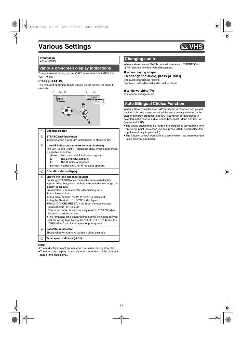 L 57), Various settings, Various on-screen display indications | Changing audio auto bilingual choice function | Panasonic DMRE75V User Manual | Page 57 / 84