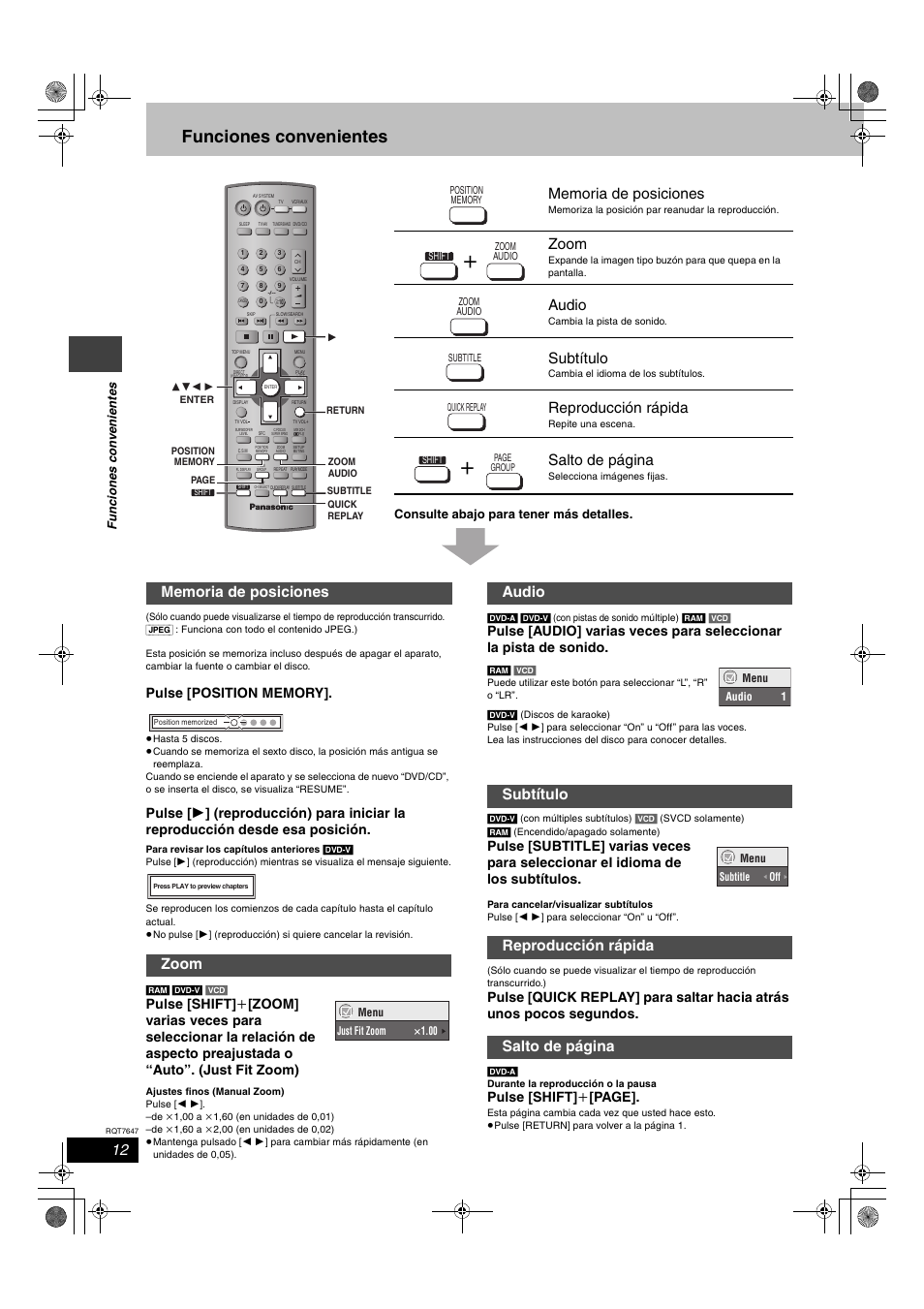 Funciones convenientes, Zoom, Audio | Subtítulo, Reproducción rápida, Salto de página, Pulse [shift] i [page, Consulte abajo para tener más detalles | Panasonic SCHT520 User Manual | Page 12 / 32