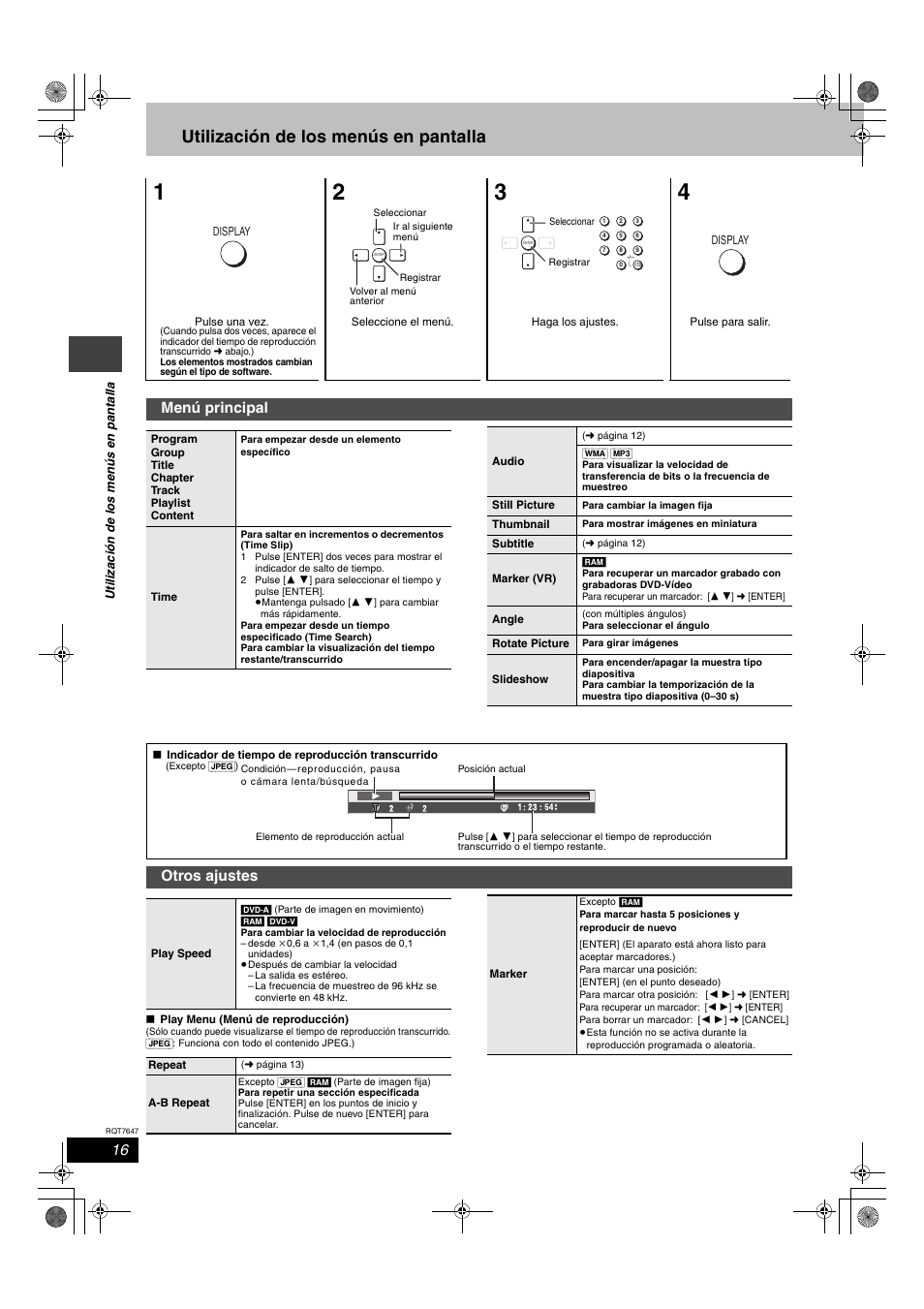 Utilización de los menús en pantalla, Menú principal, Otros ajustes | Panasonic SCHT520 User Manual | Page 16 / 32
