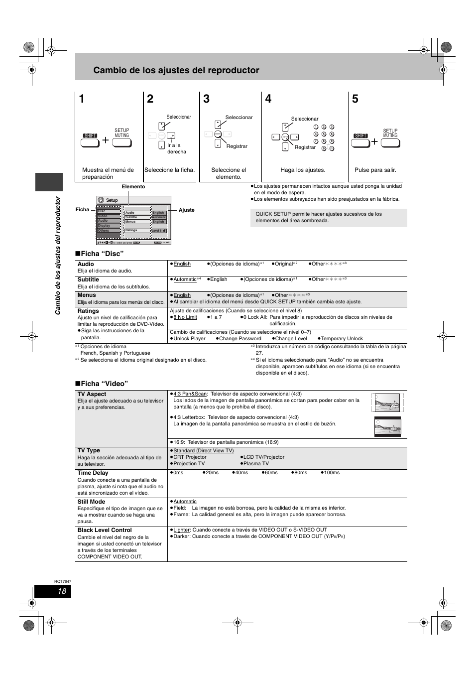 Cambio de los ajustes del reproductor, Ficha “disc, Ficha “video | Panasonic SCHT520 User Manual | Page 18 / 32
