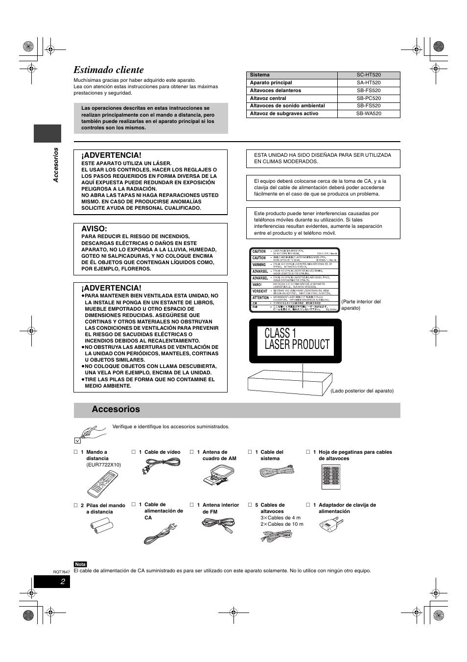 Class 1 laser product, Estimado cliente, Accesorios | Advertencia, Aviso | Panasonic SCHT520 User Manual | Page 2 / 32