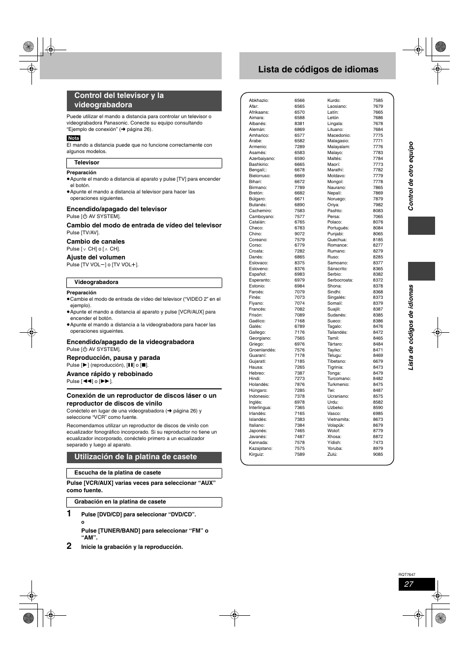 Lista de códigos de idiomas, Control del televisor y la videograbadora, Utilización de la platina de casete | Panasonic SCHT520 User Manual | Page 27 / 32