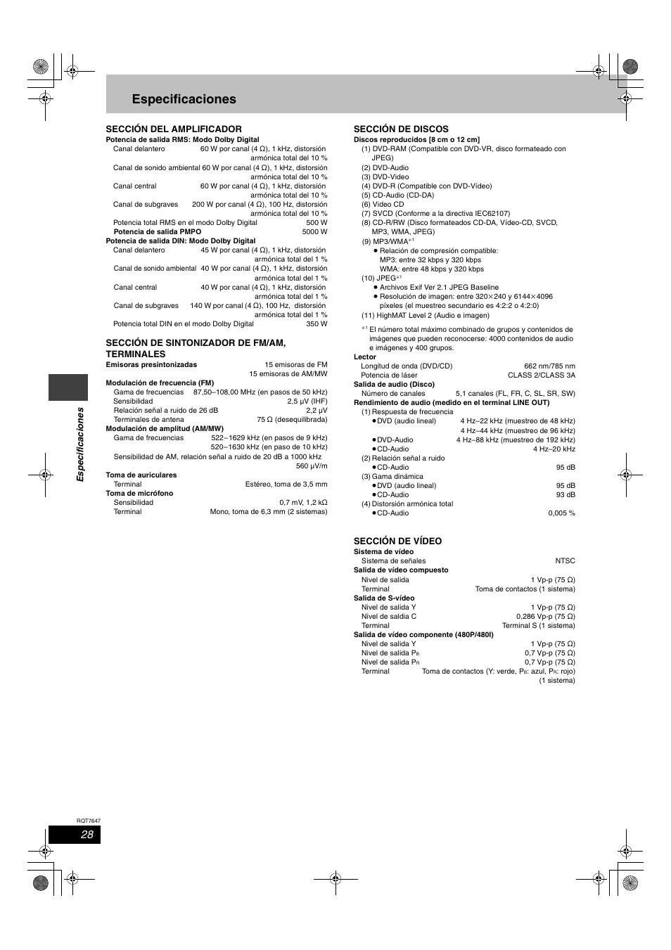 Especificaciones | Panasonic SCHT520 User Manual | Page 28 / 32