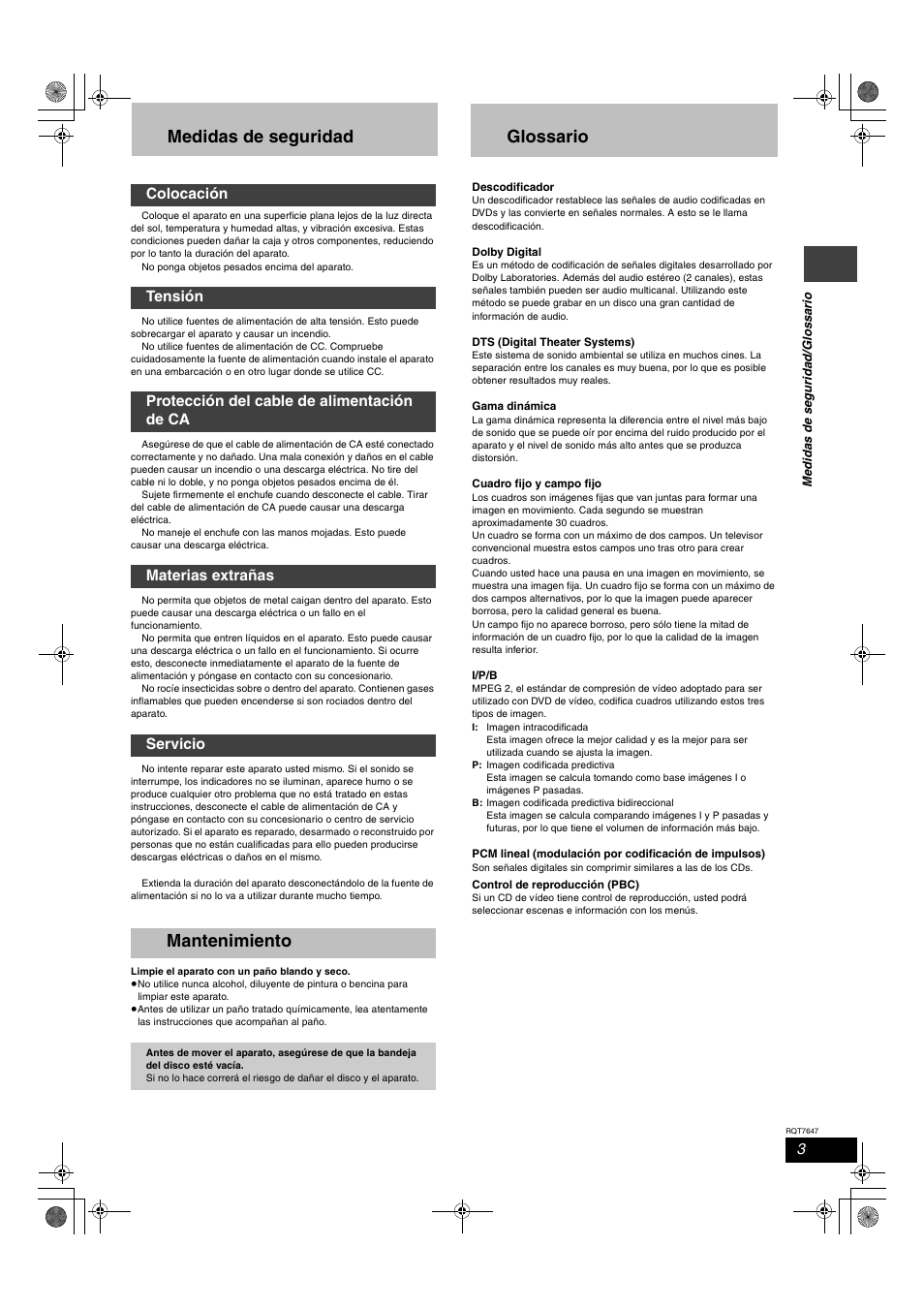Medidas de seguridad, Mantenimiento, Glossario | Panasonic SCHT520 User Manual | Page 3 / 32