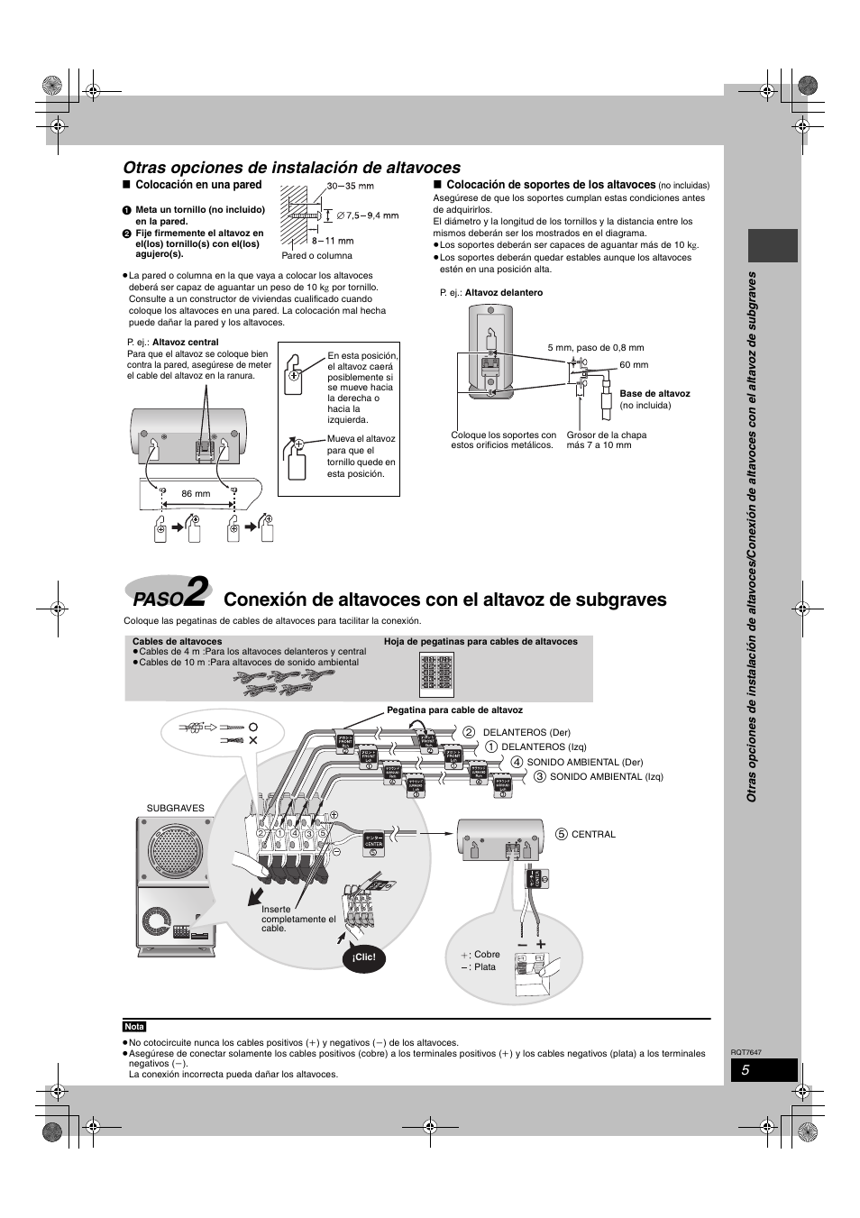 Paso, Conexión de altavoces con el altavoz de subgraves, Otras opciones de instalación de altavoces | Panasonic SCHT520 User Manual | Page 5 / 32