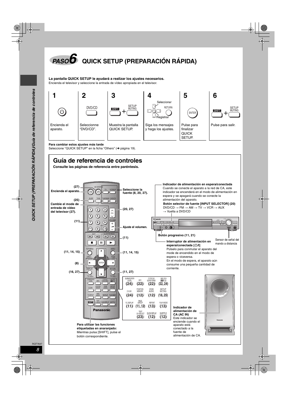 Paso, Quick setup (preparación rápida), Guía de referencia de controles | Dvd/cd | Panasonic SCHT520 User Manual | Page 8 / 32
