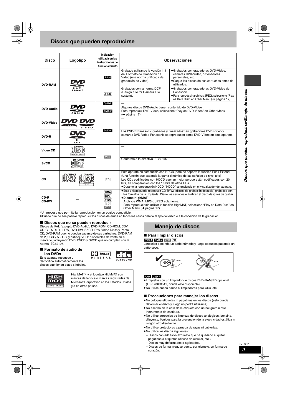 Discos que pueden reproducirse, Manejo de discos | Panasonic SCHT520 User Manual | Page 9 / 32