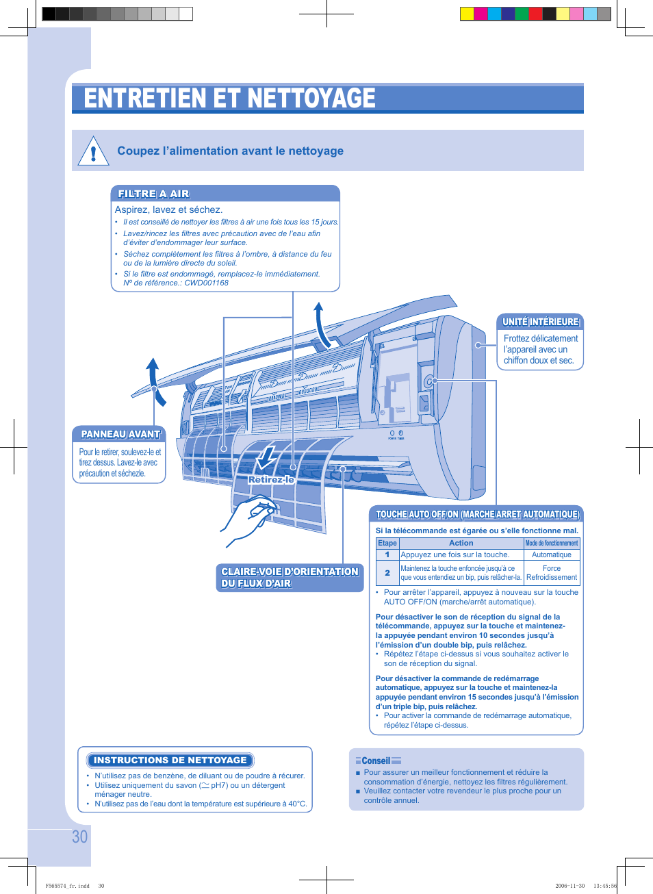 Entretien et nettoyage, Coupez l’alimentation avant le nettoyage | Panasonic CSPC12GKD User Manual | Page 30 / 40