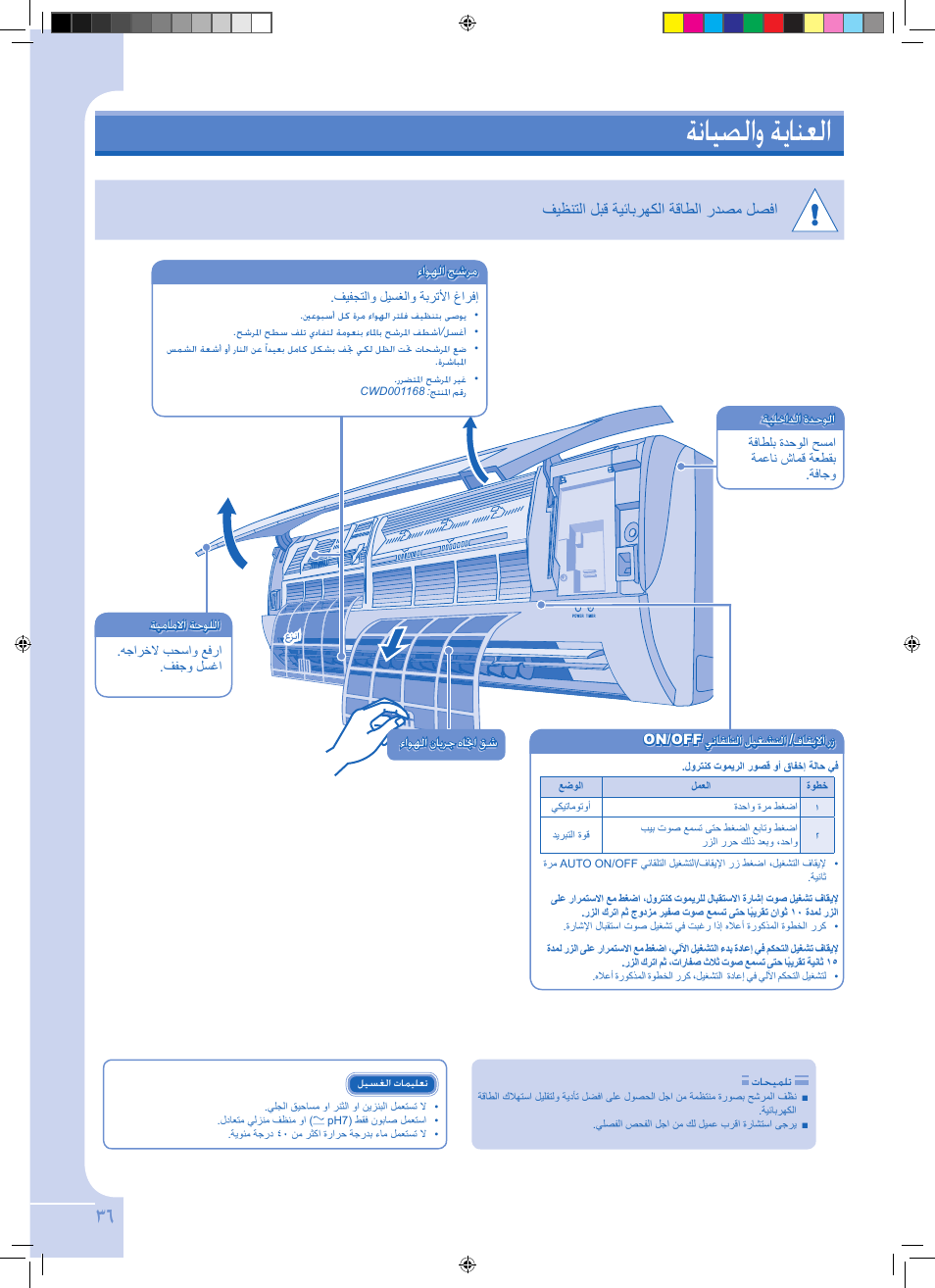 ةنايصلاو ةيانعلا, فيظنتلا لبق ةيئابرهكلا ةقاطلا ردصم لصفا | Panasonic CSPC12GKD User Manual | Page 36 / 40