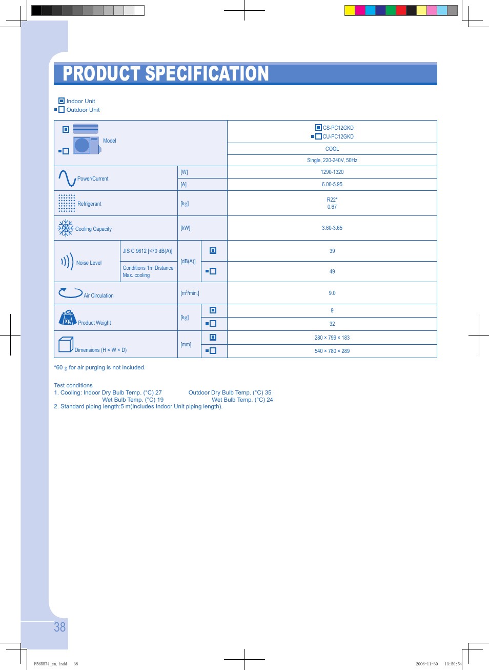 Product specification | Panasonic CSPC12GKD User Manual | Page 38 / 40