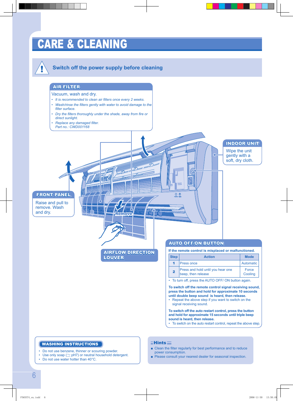 Care & cleaning, Switch off the power supply before cleaning | Panasonic CSPC12GKD User Manual | Page 6 / 40