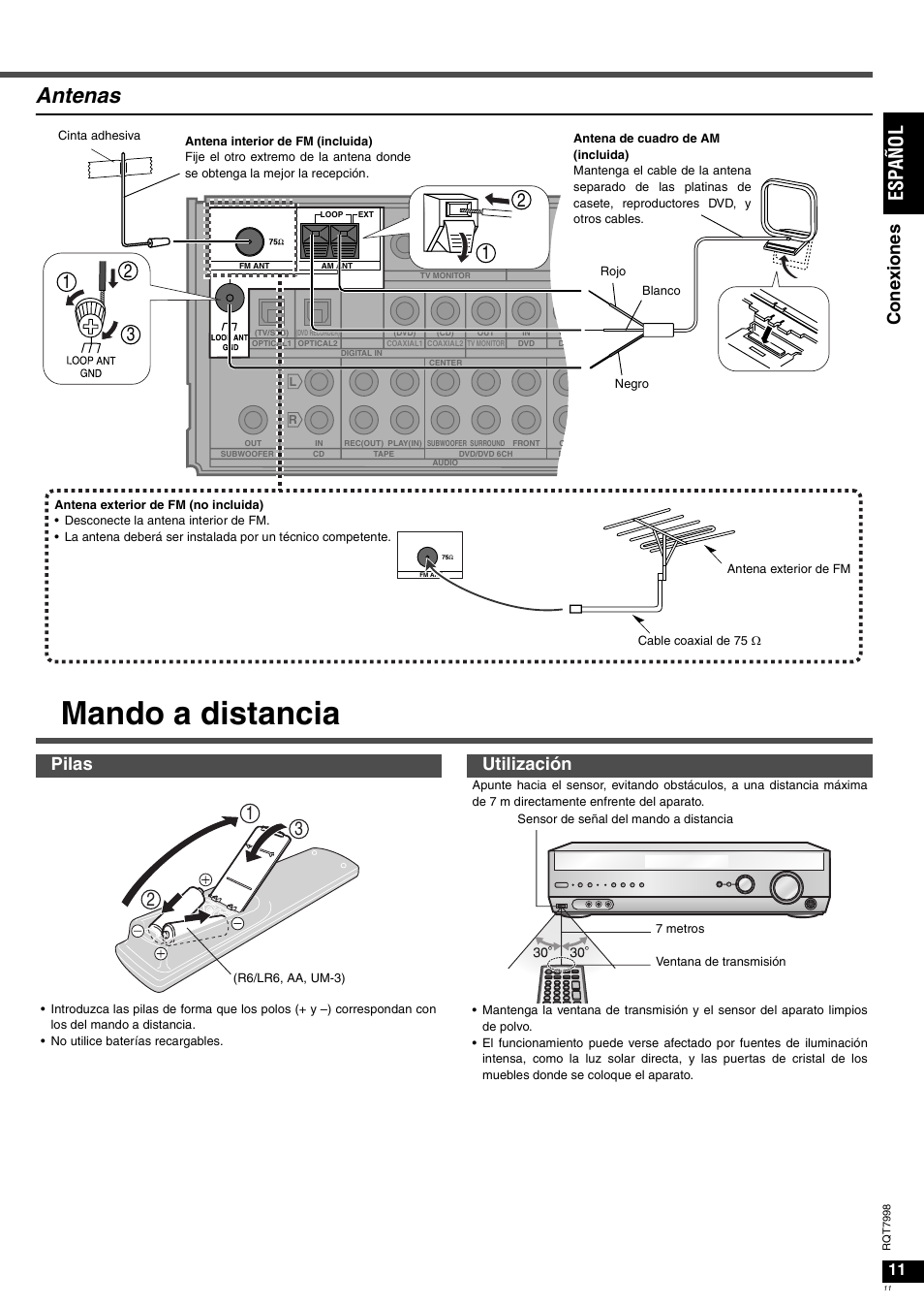 Mando a distancia, Antenas, Es pañol | Cone xi one s, Pilas utilización | Panasonic SAXR55 User Manual | Page 11 / 84