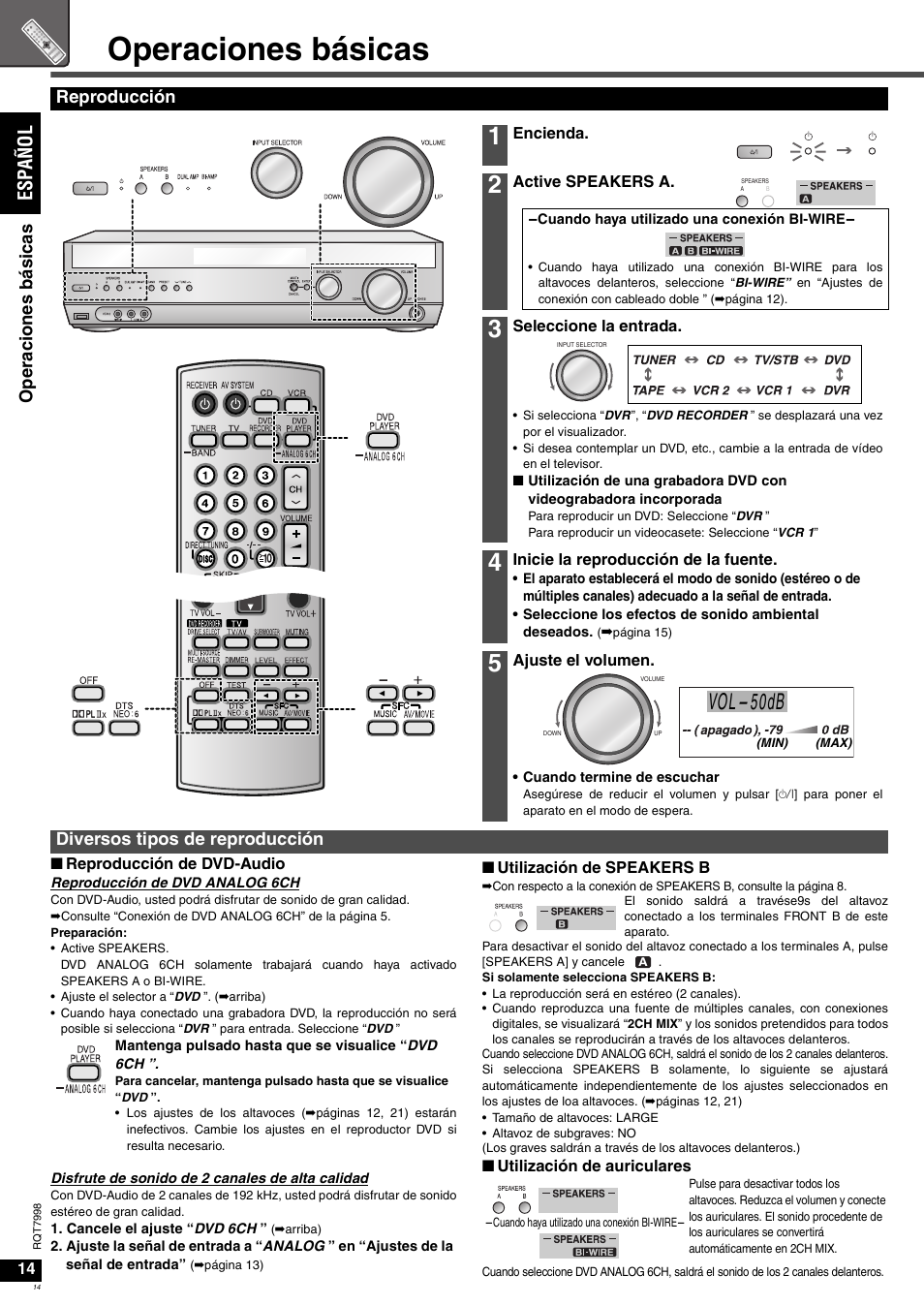 Operaciones básicas, 50db, Es pañol | Op er acio n es b ás icas, Reproducción, Diversos tipos de reproducción | Panasonic SAXR55 User Manual | Page 14 / 84