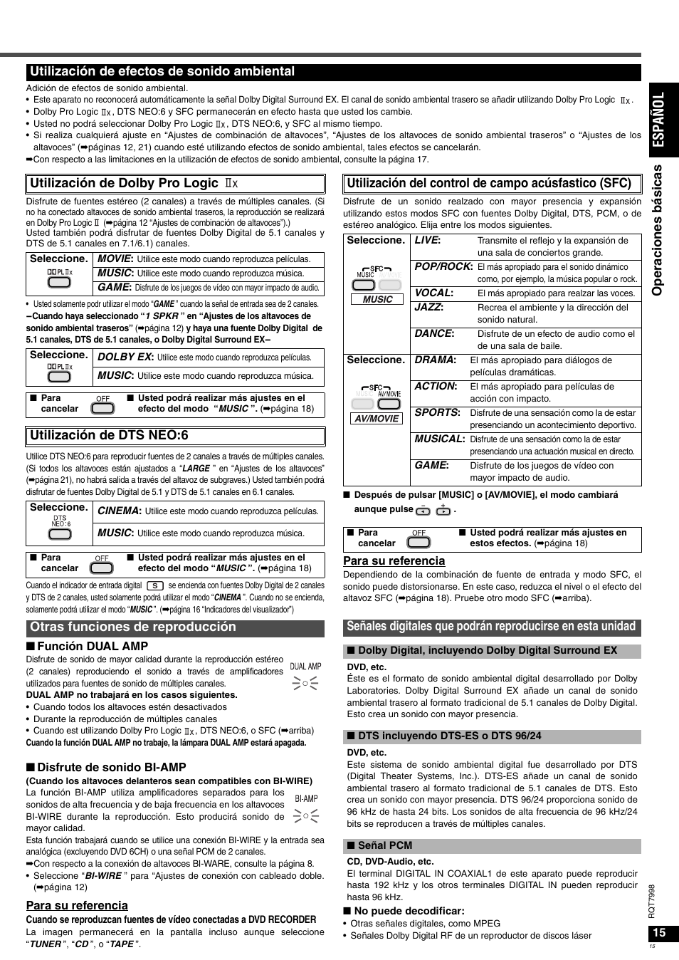 Es pañol, Op er acio n es b ás icas, Utilización de dts neo:6 | Utilización del control de campo acúsfastico (sfc) | Panasonic SAXR55 User Manual | Page 15 / 84