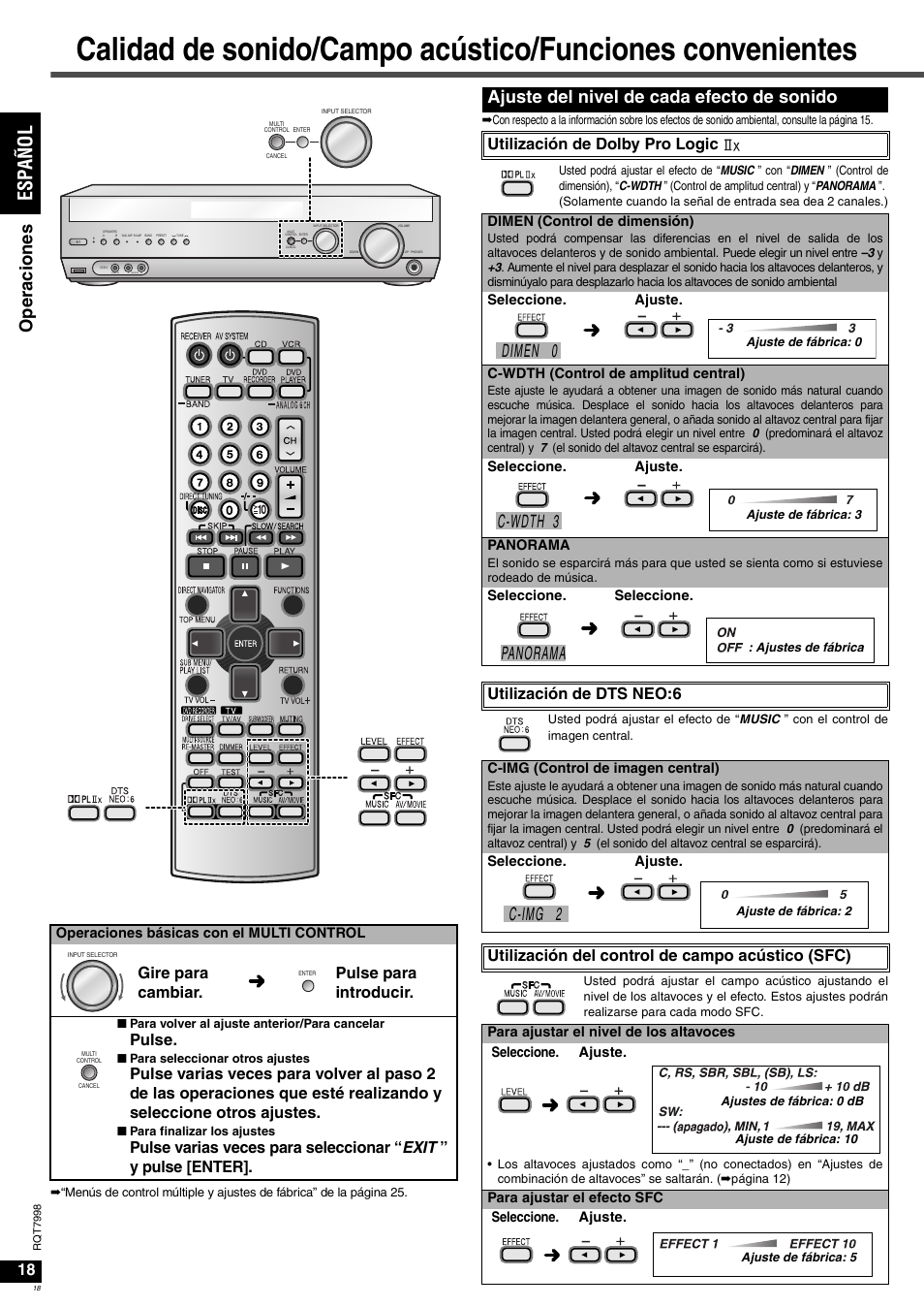 Es pañol, Ope ra cione s, Ajuste del nivel de cada efecto de sonido | Dimen 0, C-wdth 3, Panorama, C-img 2, Gire para cambiar. pulse para introducir, Pulse, Utilización de dolby pro logic | Panasonic SAXR55 User Manual | Page 18 / 84