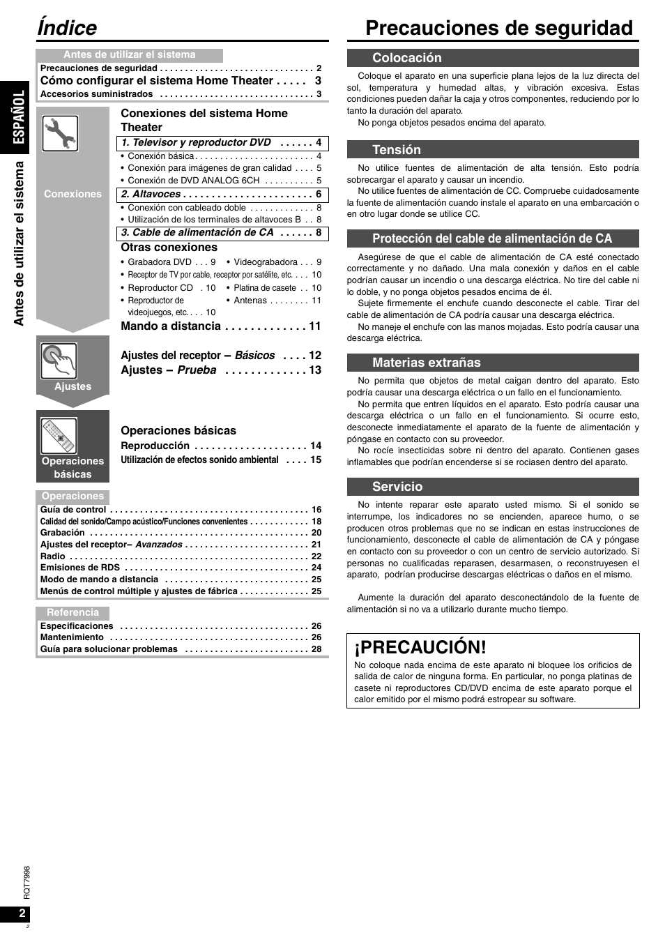 Índice precauciones de seguridad, Precaución, Es pañol | Ant es de ut iliz ar el s ist ema | Panasonic SAXR55 User Manual | Page 2 / 84