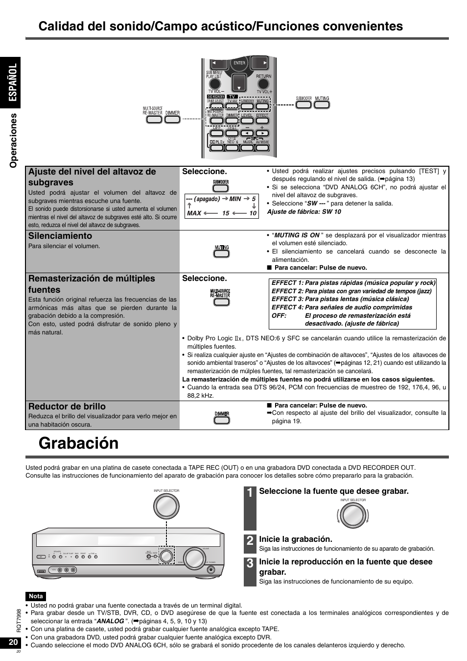 Grabación, Es pañol, Ope ra cione s | Ajuste del nivel del altavoz de subgraves, Silenciamiento, Remasterización de múltiples fuentes, Reductor de brillo, Seleccione, Seleccione la fuente que desee grabar, Inicie la grabación | Panasonic SAXR55 User Manual | Page 20 / 84