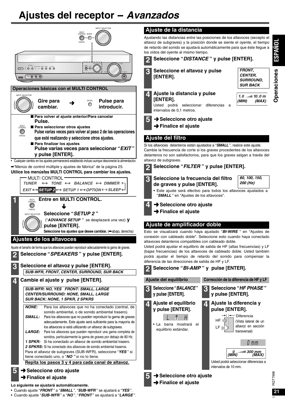 Ajustes del receptor - avanzados, L h 0 mm, Es pañol | Ope ra cione s, Ajustes de los altavoces, Ajuste de la distancia, Ajuste del filtro, Ajuste de amplificador doble | Panasonic SAXR55 User Manual | Page 21 / 84