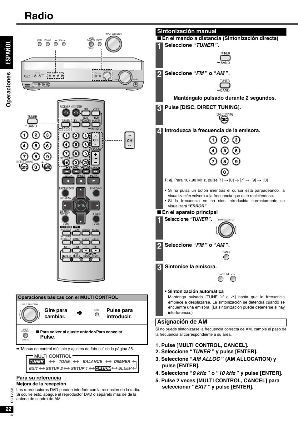 Radio, Es pañol, Ope ra cione s | Sintonización manual, Asignación de am, Para su referencia, Gire para cambiar. pulse para introducir, Pulse, Nen el mando a distancia (sintonización directa), Seleccione “ tuner | Panasonic SAXR55 User Manual | Page 22 / 84