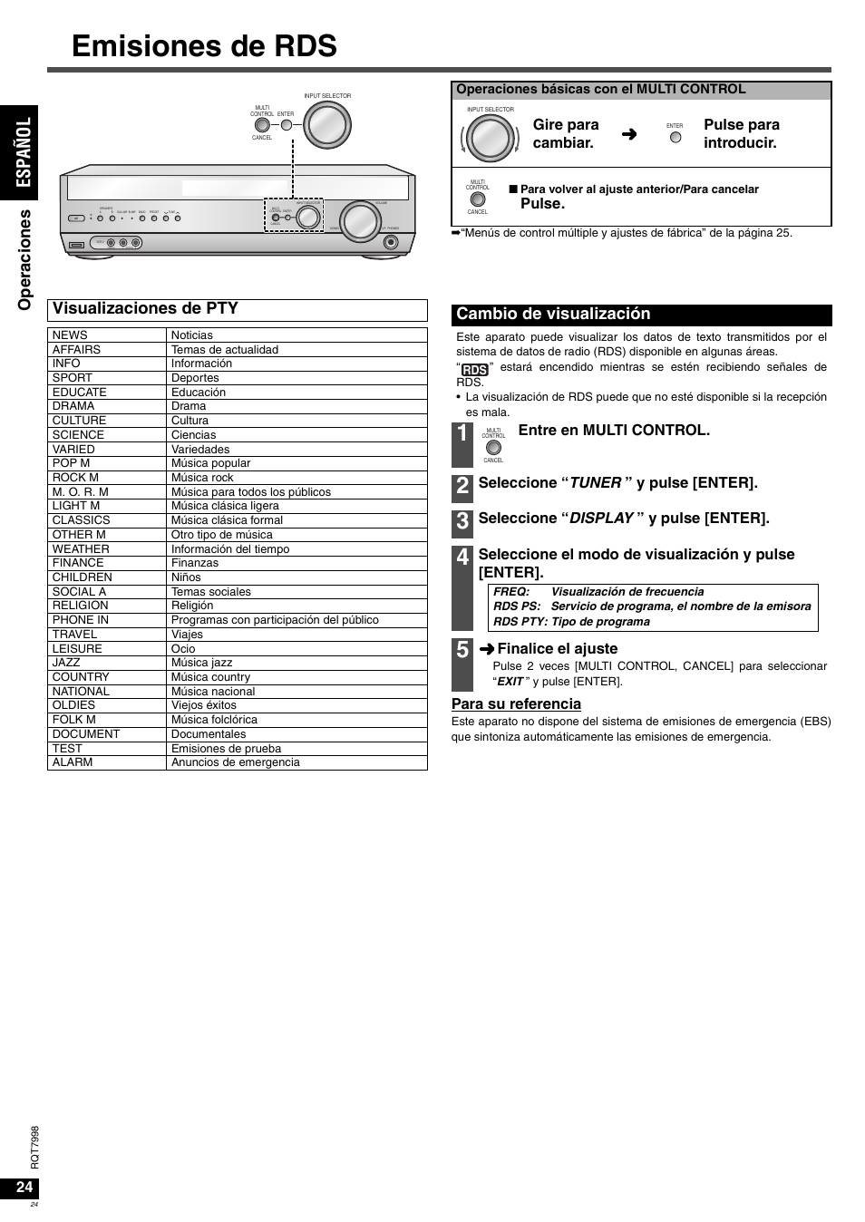 Emisiones de rds, Es pañol, Ope ra cione s | Visualizaciones de pty, Cambio de visualización, Para su referencia, Gire para cambiar. pulse para introducir, Pulse, Entre en multi control, Seleccione “ tuner ” y pulse [enter | Panasonic SAXR55 User Manual | Page 24 / 84